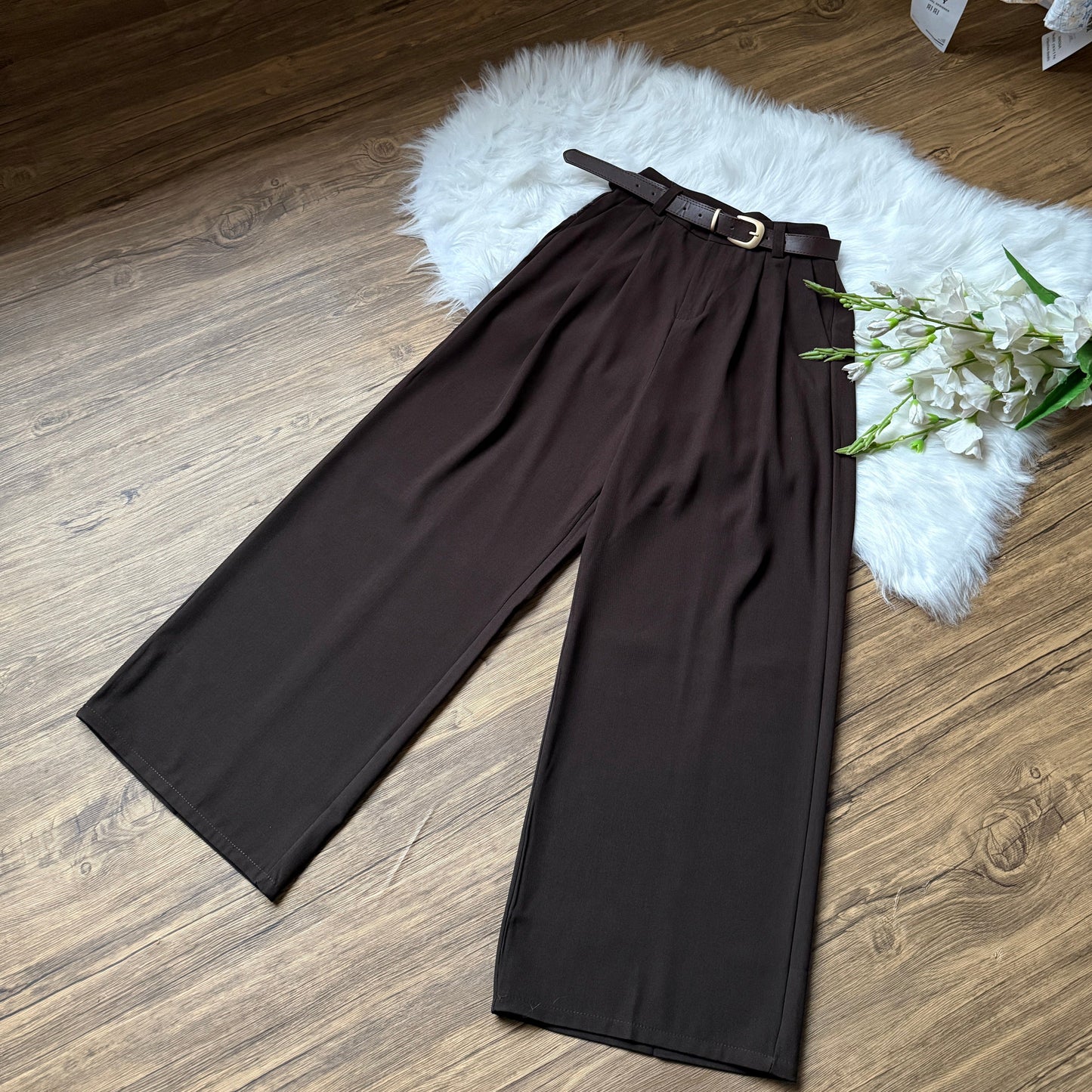 High Waist Double Pleated Belted Pants