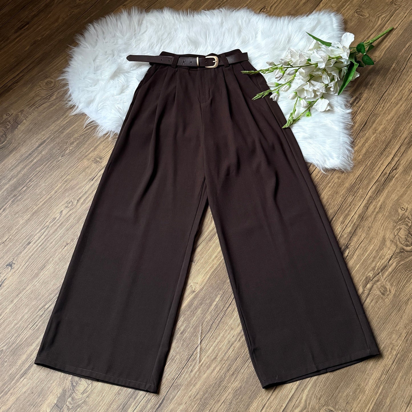 High Waist Double Pleated Belted Pants