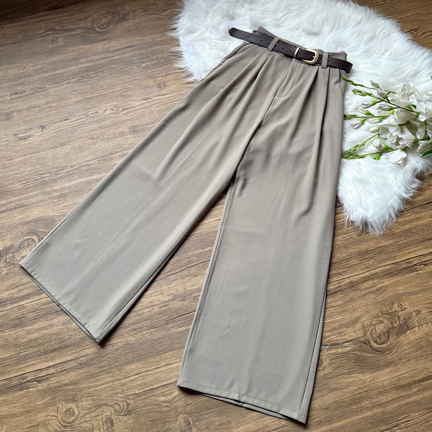 High Waist Double Pleated Belted Pants