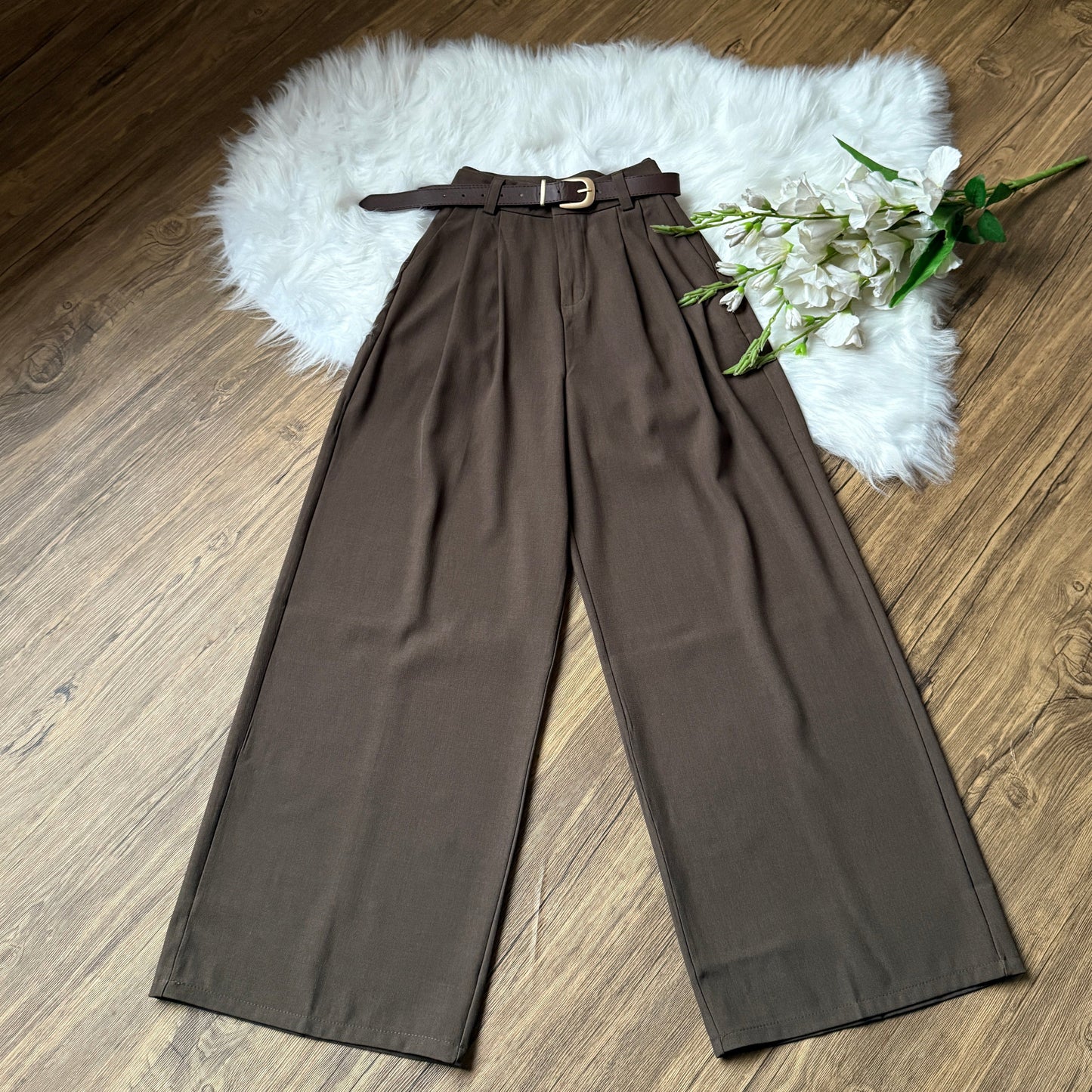 High Waist Double Pleated Belted Pants