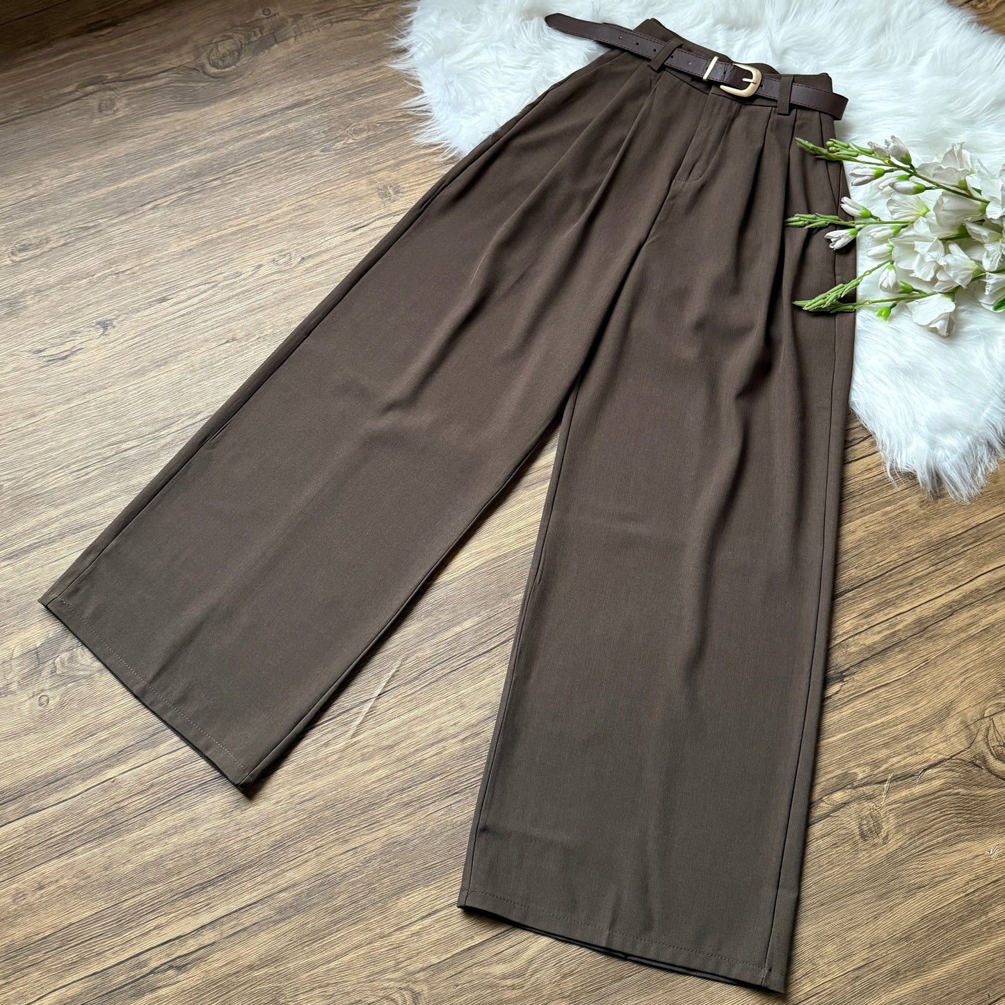 High Waist Double Pleated Belted Pants