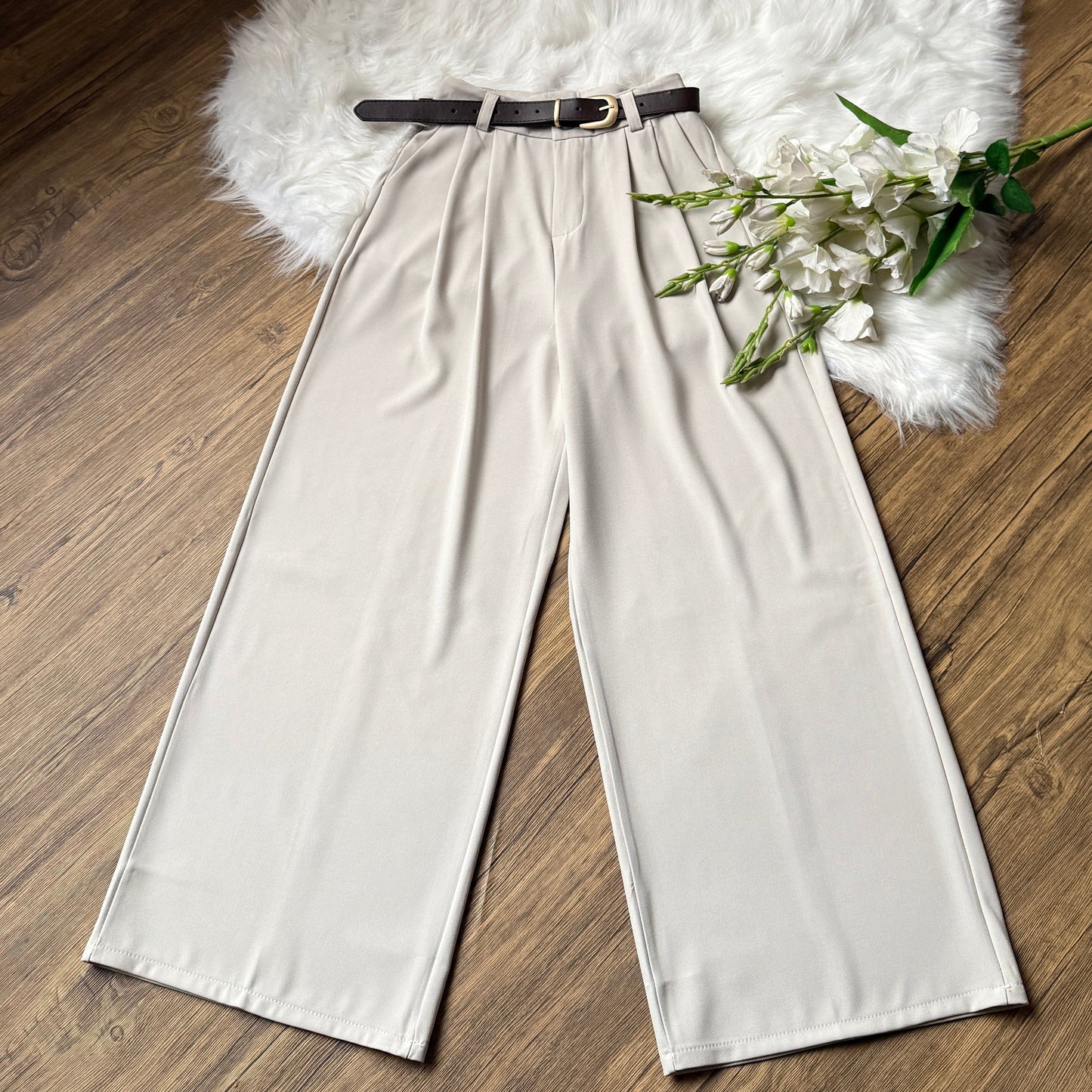 High Waist Double Pleated Belted Pants