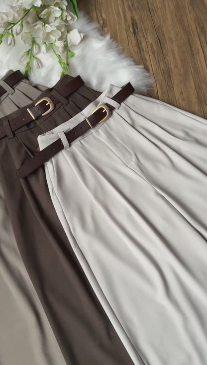 High Waist Double Pleated Belted Pants