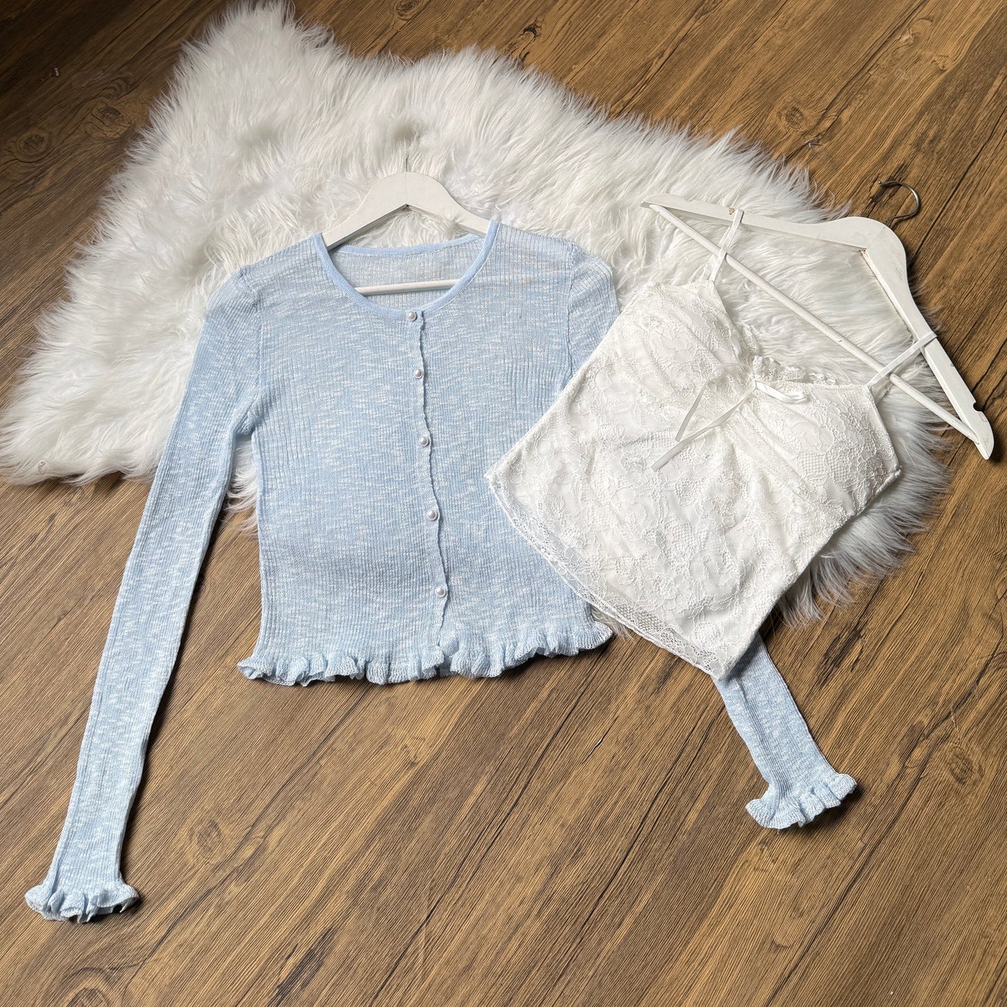 Gorgeous Pearl-Button Knit Cardigan & Lace Cami Set
