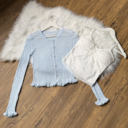 Gorgeous Pearl-Button Knit Cardigan & Lace Cami Set