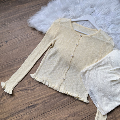 Gorgeous Pearl-Button Knit Cardigan & Lace Cami Set