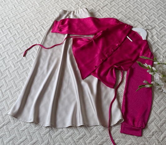 High Waist Pink Satin Sheath Skirt & Top Set