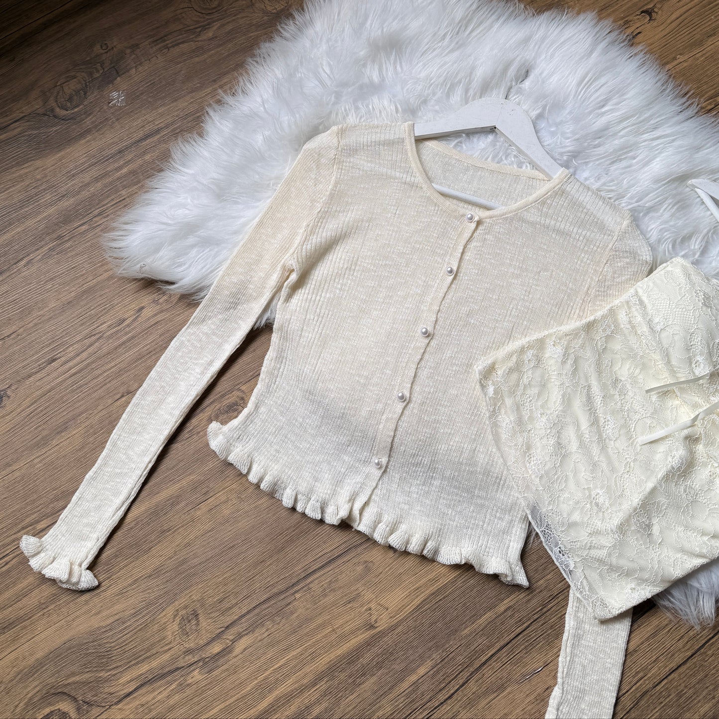 Gorgeous Pearl-Button Knit Cardigan & Lace Cami Set