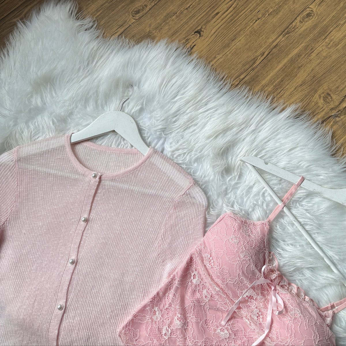 Gorgeous Pearl-Button Knit Cardigan & Lace Cami Set