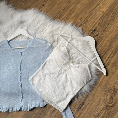 Gorgeous Pearl-Button Knit Cardigan & Lace Cami Set