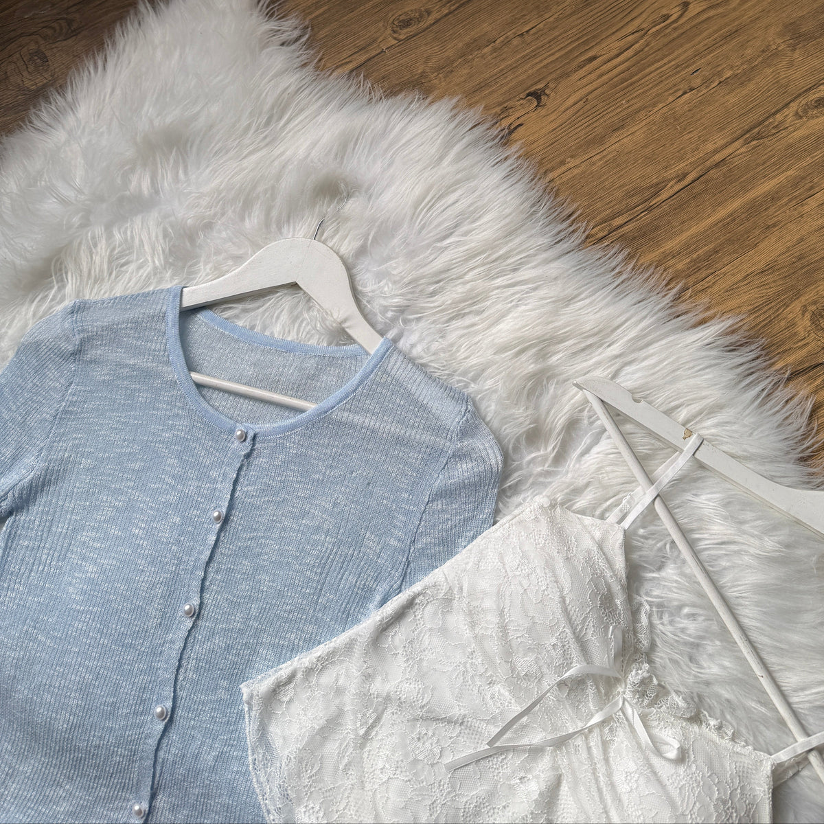 Gorgeous Pearl-Button Knit Cardigan & Lace Cami Set
