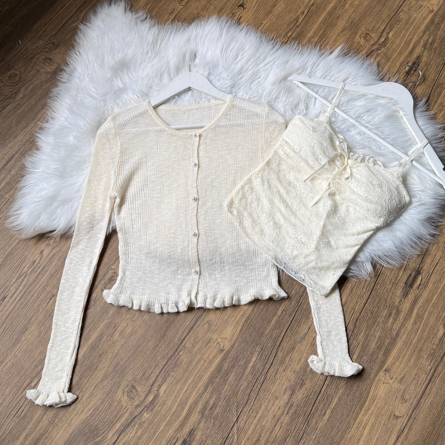 Gorgeous Pearl-Button Knit Cardigan & Lace Cami Set
