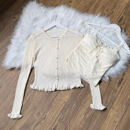 Gorgeous Pearl-Button Knit Cardigan & Lace Cami Set