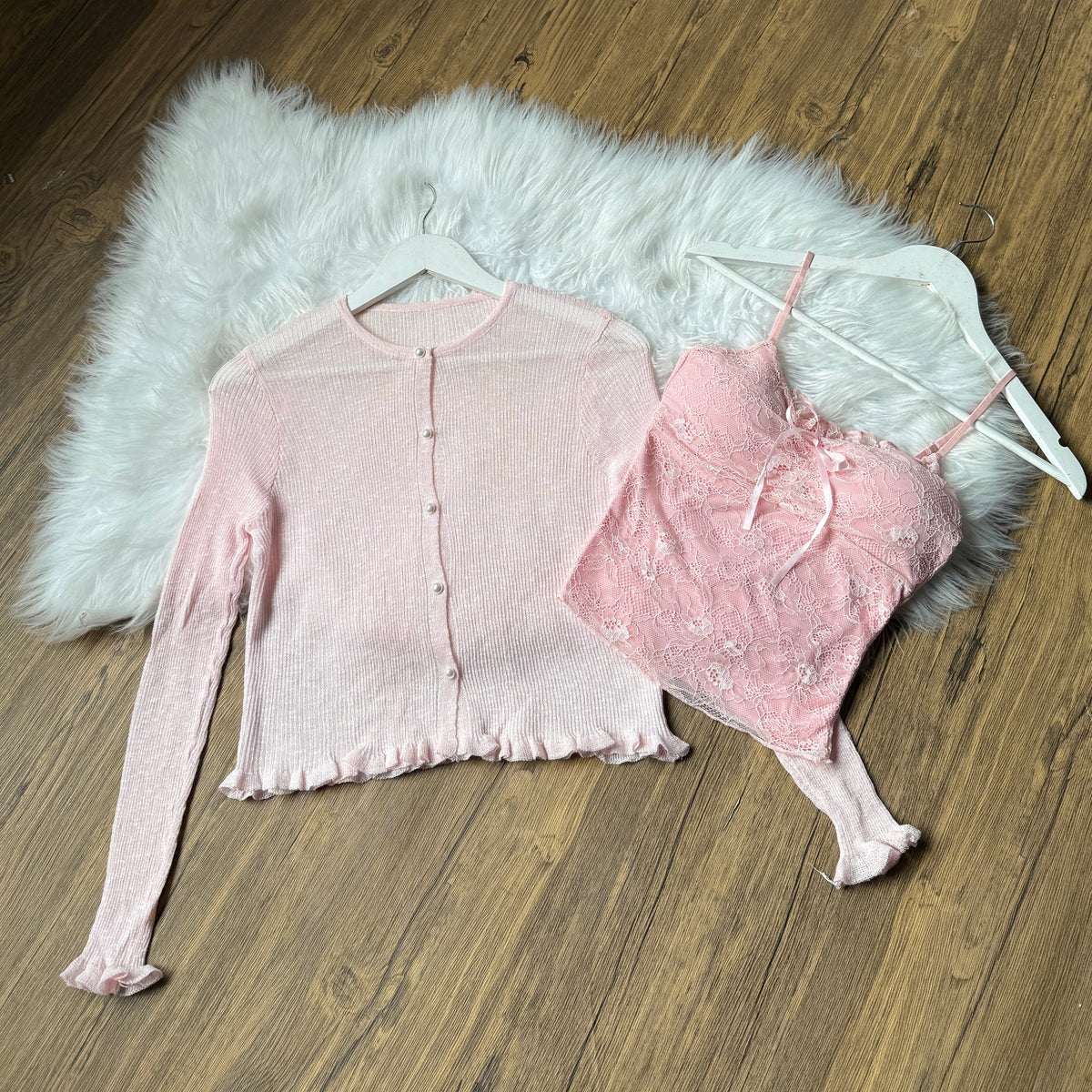 Gorgeous Pearl-Button Knit Cardigan & Lace Cami Set