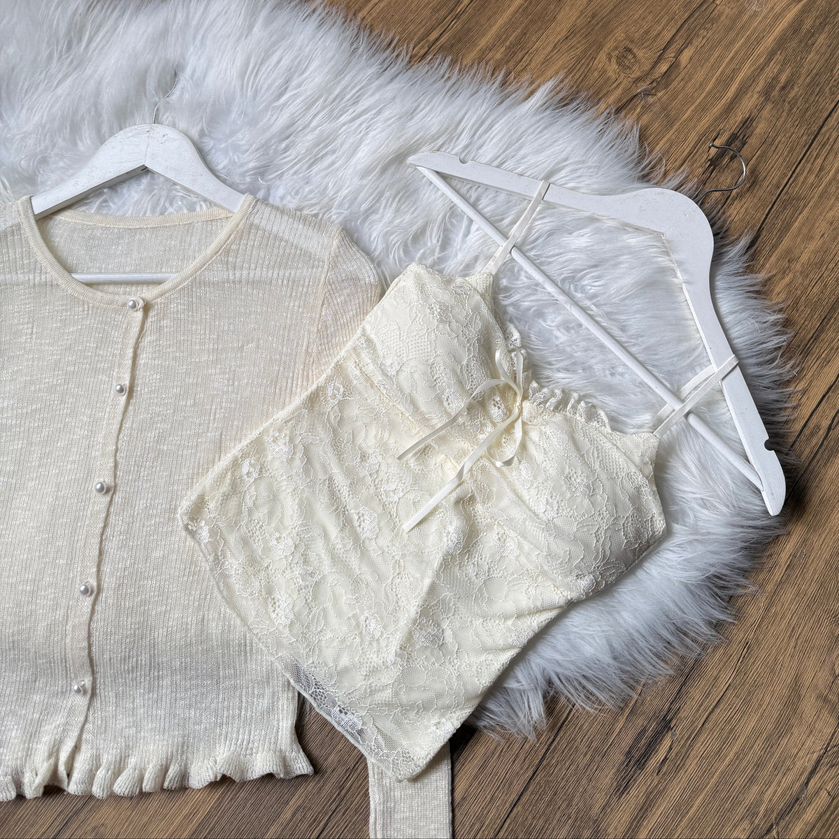 Gorgeous Pearl-Button Knit Cardigan & Lace Cami Set