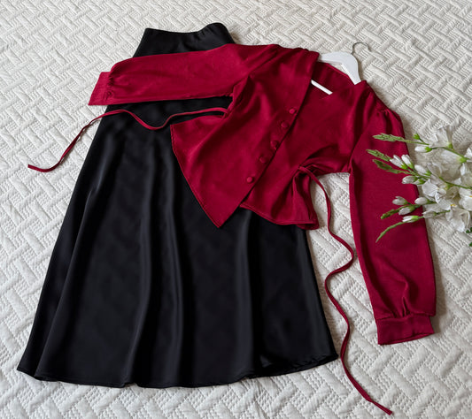 High Waist Satin Pleated Skirt & Drawstring Top Set