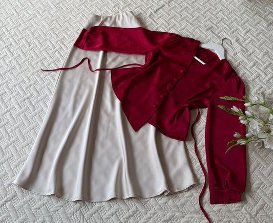 High Waist Satin Skirt and Adjustable Drawstring Top