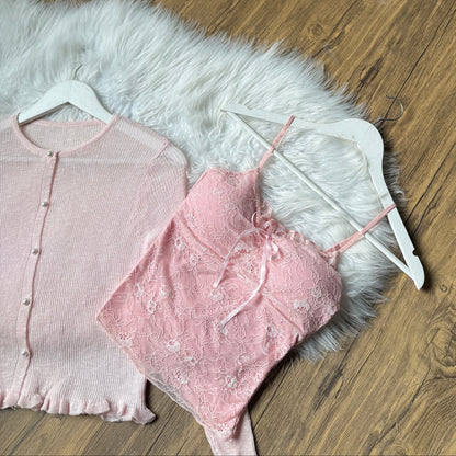 Gorgeous Pearl-Button Knit Cardigan & Lace Cami Set