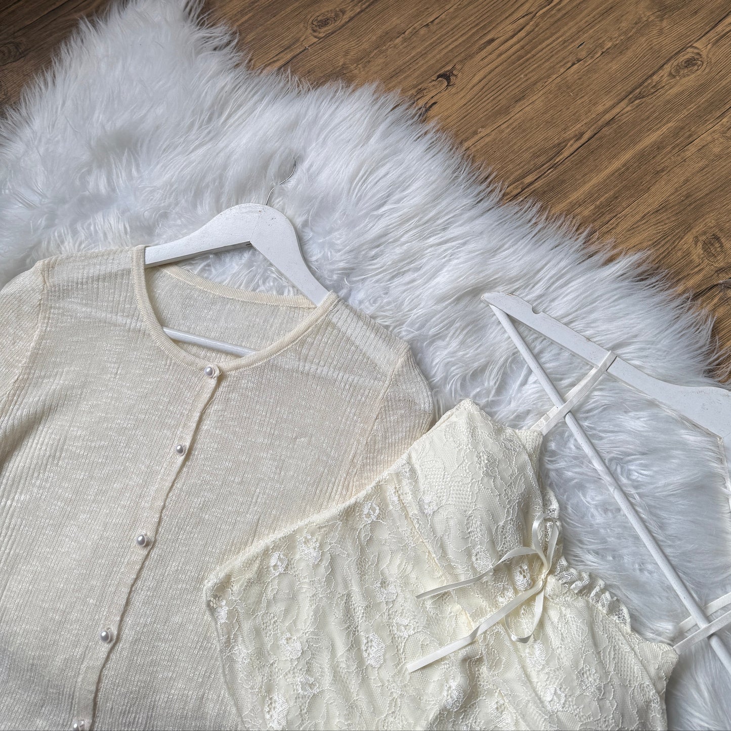 Gorgeous Pearl-Button Knit Cardigan & Lace Cami Set
