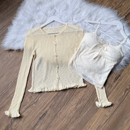 Gorgeous Pearl-Button Knit Cardigan & Lace Cami Set
