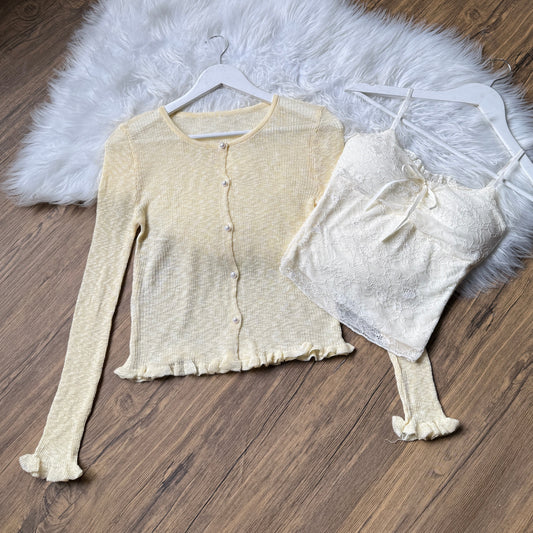 Gorgeous Pearl-Button Knit Cardigan & Lace Cami Set
