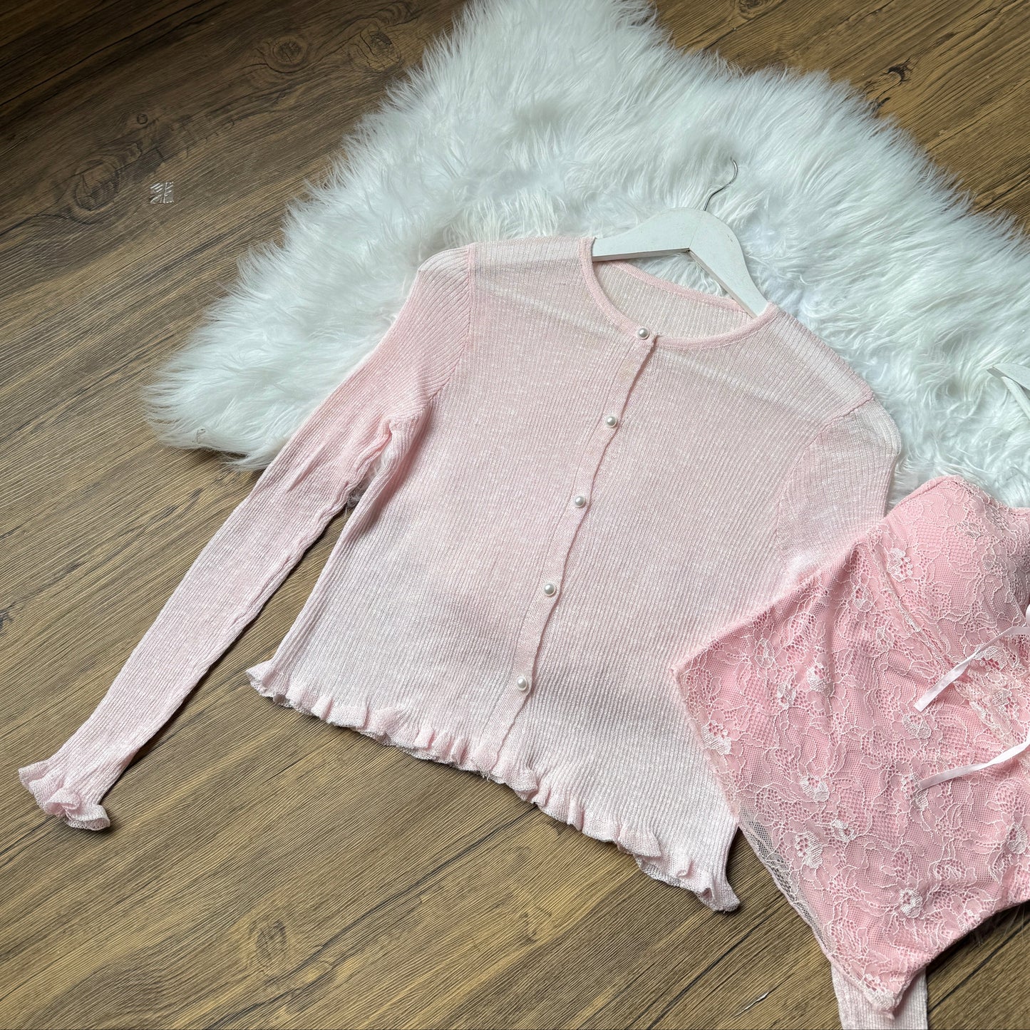 Gorgeous Pearl-Button Knit Cardigan & Lace Cami Set