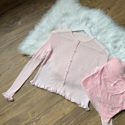 Gorgeous Pearl-Button Knit Cardigan & Lace Cami Set