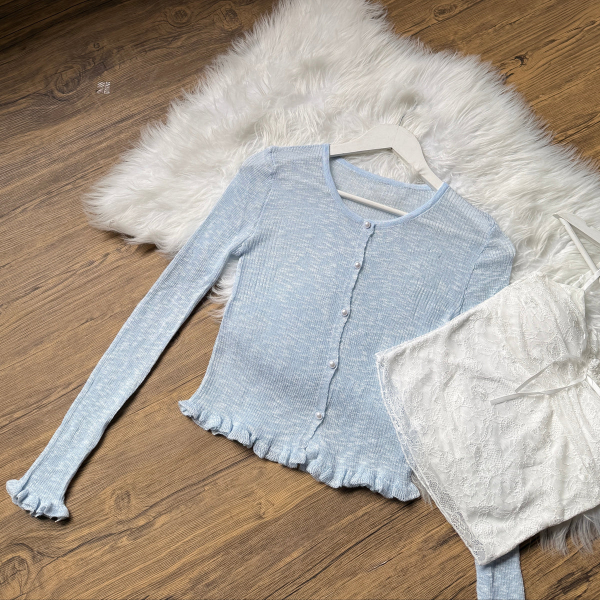 Gorgeous Pearl-Button Knit Cardigan & Lace Cami Set