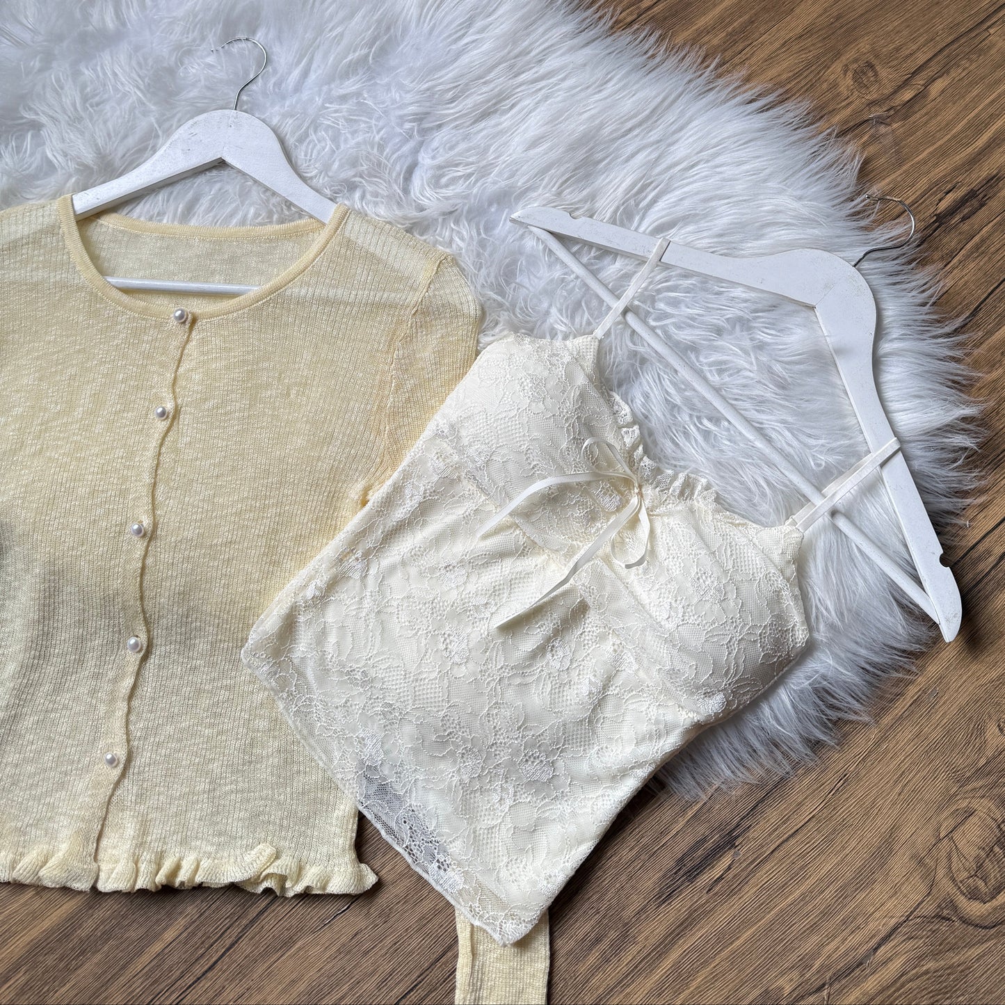Gorgeous Pearl-Button Knit Cardigan & Lace Cami Set