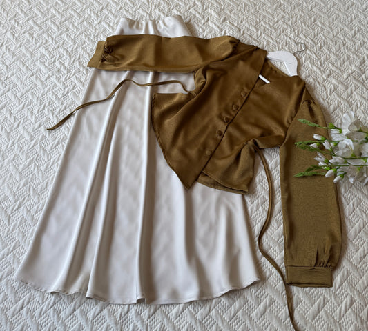 High Waist Satin Skirt and Drawstring Top Set